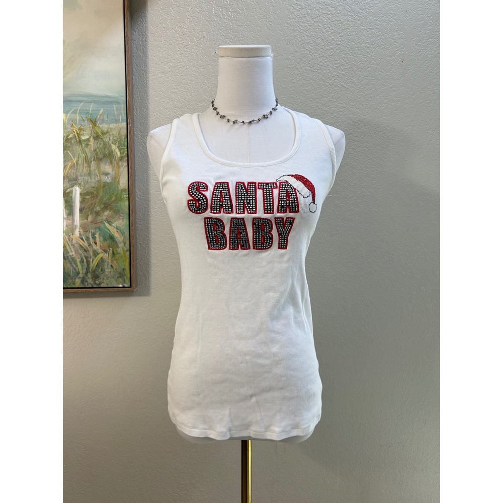 Santa Baby Rhinestone Ribbed Tank Top White Large